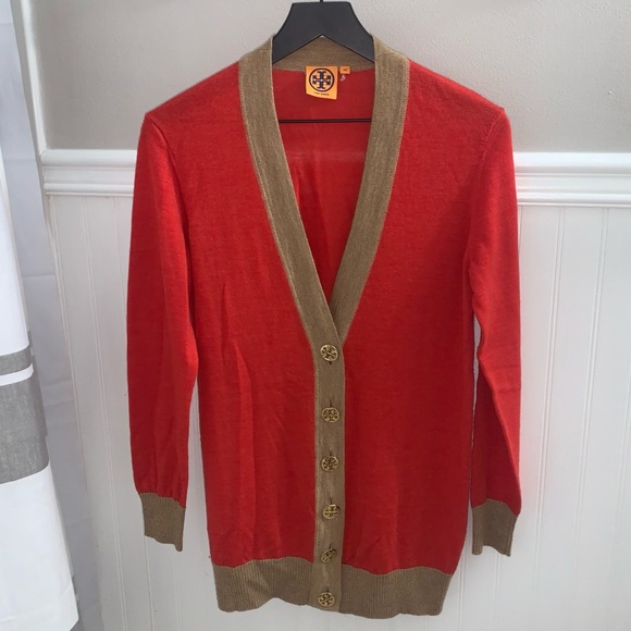 TORY BURCH Red Orange Tan Colorblock Merino Wool Knit Cardigan XS 30123102 - Picture 3 of 13